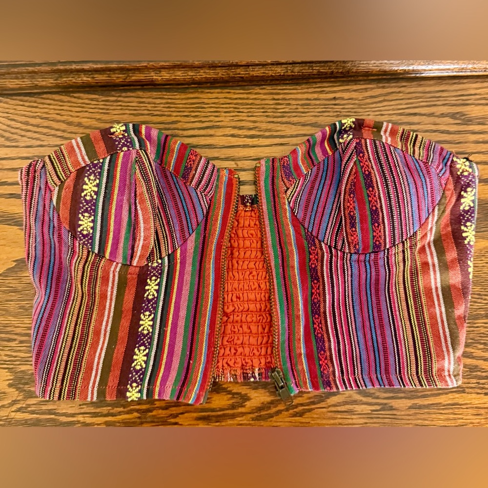 90’s Boho Colorful Striped Weave Sweetheart Neckline Front Zipper Bustier - Picture 6 of 7
